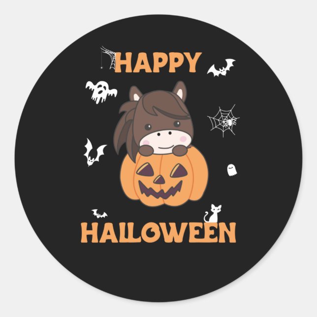 Horse In Pumpkin Sweet Horses Happy Halloween Classic Round Sticker (Front)
