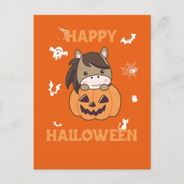 Horse In Pumpkin Sweet Horses Happy Halloween Holiday Postcard (Front)