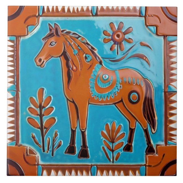 Horse in Southwest style Southwestern Brown & Blue Tile (Front)
