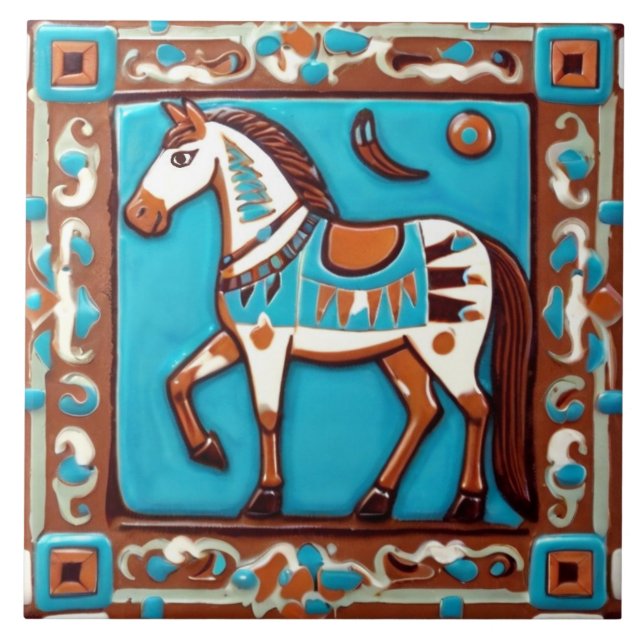 Horse in Southwestern colours Southwest Brown Blue Tile (Front)