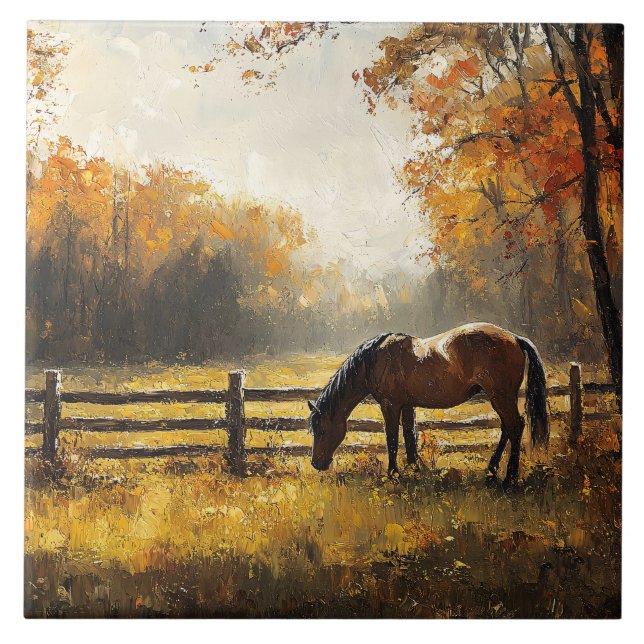 Horse in the Field Golden Hour Painting Tile (Front)