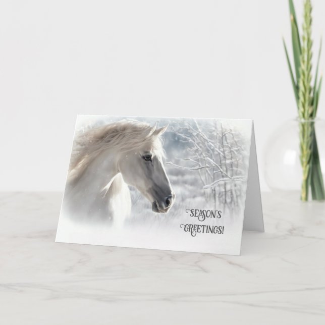 Horse in the Snow Seasons Greetings with Flowing Holiday Card (Front)