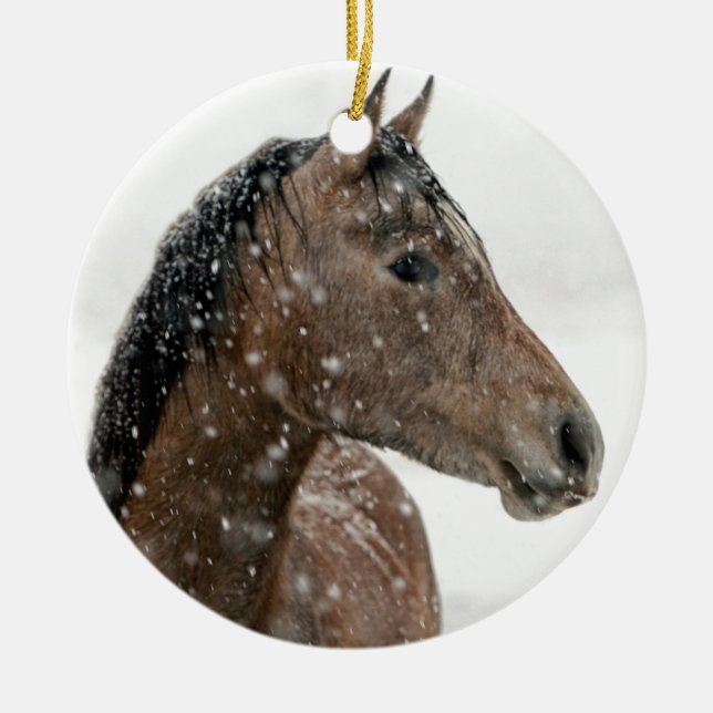Horse in Winter Ceramic Tree Decoration (Front)