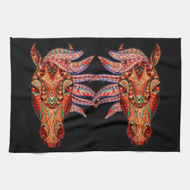 Horse jewel mosaic colourful cowgirl equestrian tea towel (Horizontal)