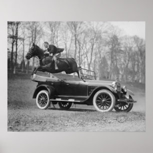 Horse Jumping Over Car, 1923. Vintage Photo Poster