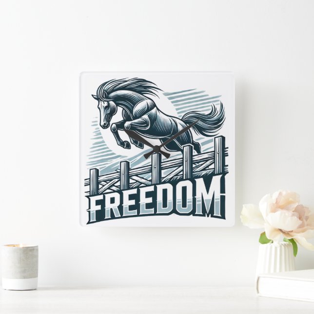 Horse Jumping Over the Freedom Wall Square Wall Clock (Home)