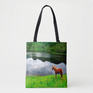 Horse lake landscape summer green tote bag