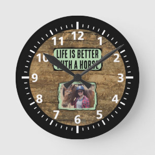 Horse lover 1 photo black green rustic round clock