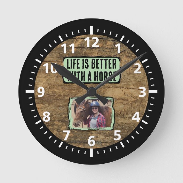 Horse lover 1 photo black green rustic round clock (Front)