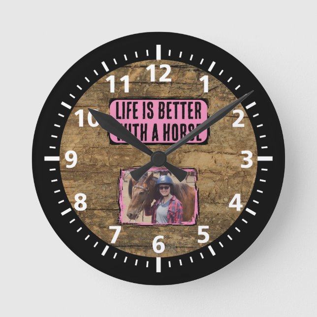 Horse lover 1 photo black pink rustic round clock (Front)