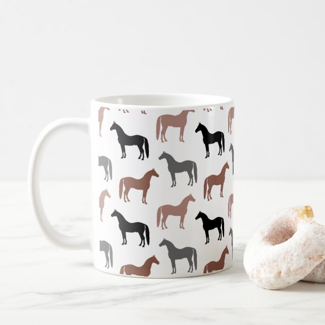 Horse Lover Black Brown and Gray Stallions Coffee Mug (With Donut)