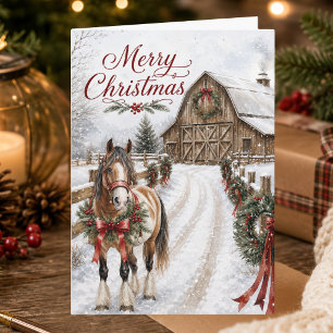 Horse Lover Christmas Barn Scene Merry Christmas Holiday Card