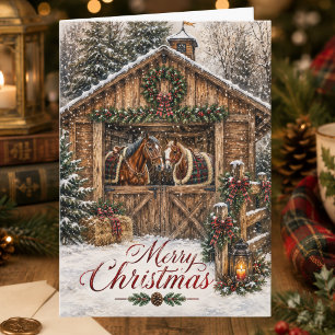 Horse Lover Christmas in Snowy Country Barn Holiday Card