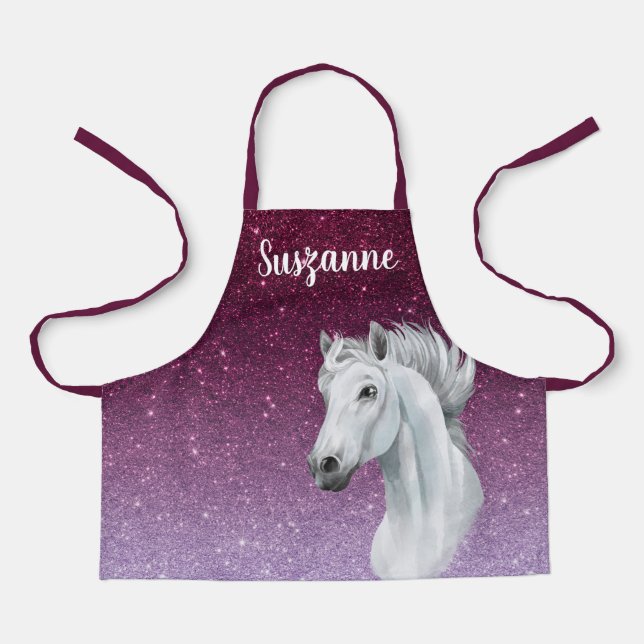 Horse Lover Glitter look Monogram Watercolor  Apron (Front)