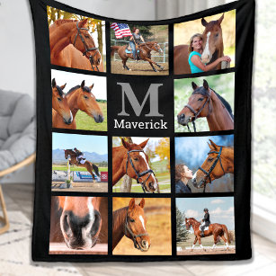 Horse Lover Personalised Monogram 11 Photo Collage Fleece Blanket