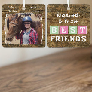 Horse lover photo names pink green rustic metal tree decoration