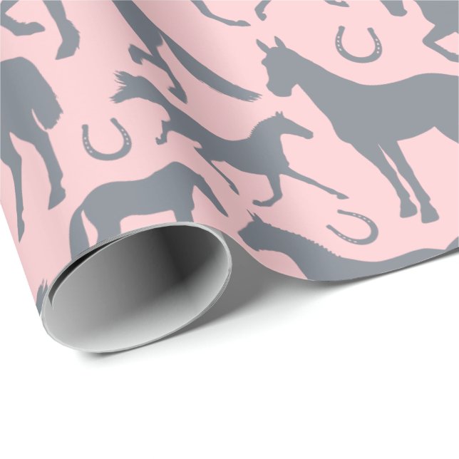 Horse Lover Pink and Grey Horses and Ponies Wrapping Paper (Roll Corner)