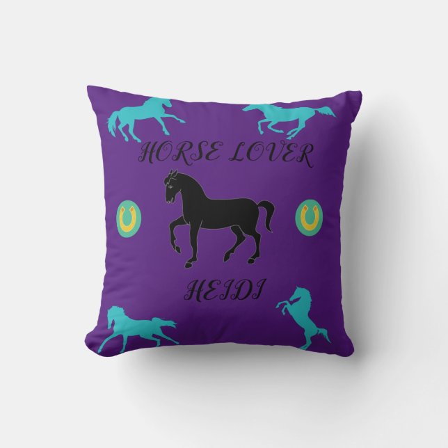 Horse Lover throw pillow with personalised name. (Front)