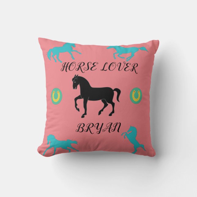 Horse Lover throw pillow with personalised name. (Front)
