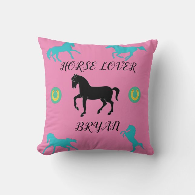 Horse Lover throw pillow with personalised name. (Front)