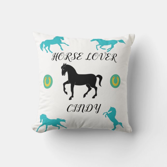 Horse Lover throw pillow with personalised name. (Front)