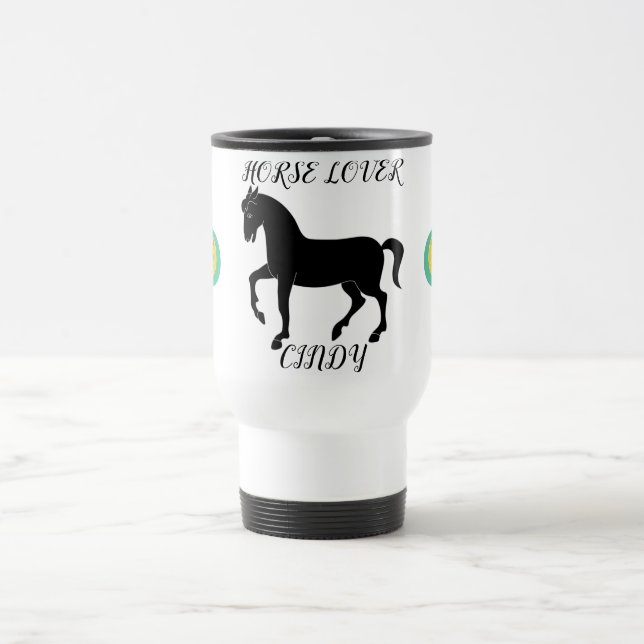 Horse Lover travel mug with personalised name. (Center)