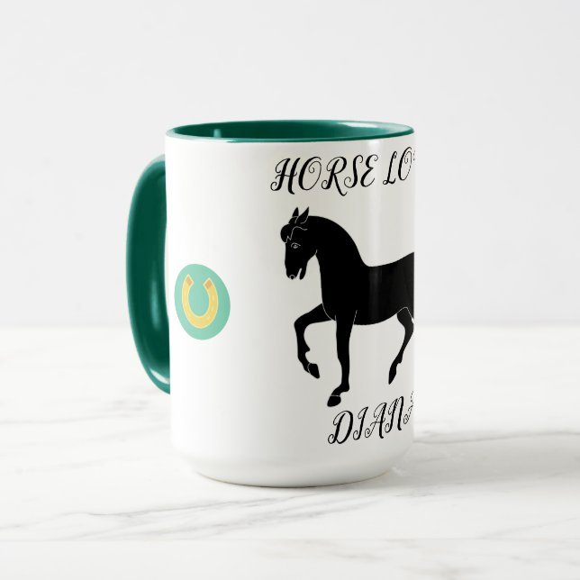 Horse Lover two toned mug with personalised name. (Front Left)