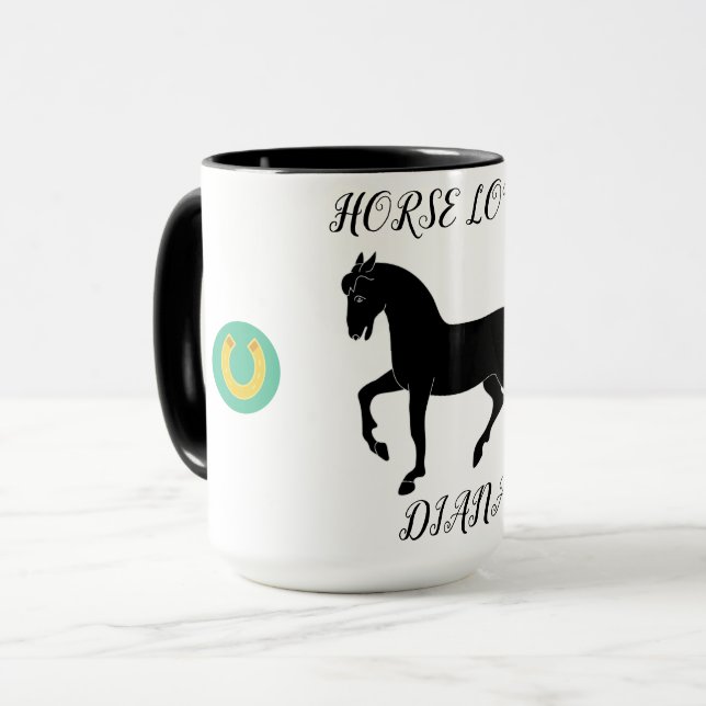 Horse Lover two toned mug with personalised name. (Front Left)