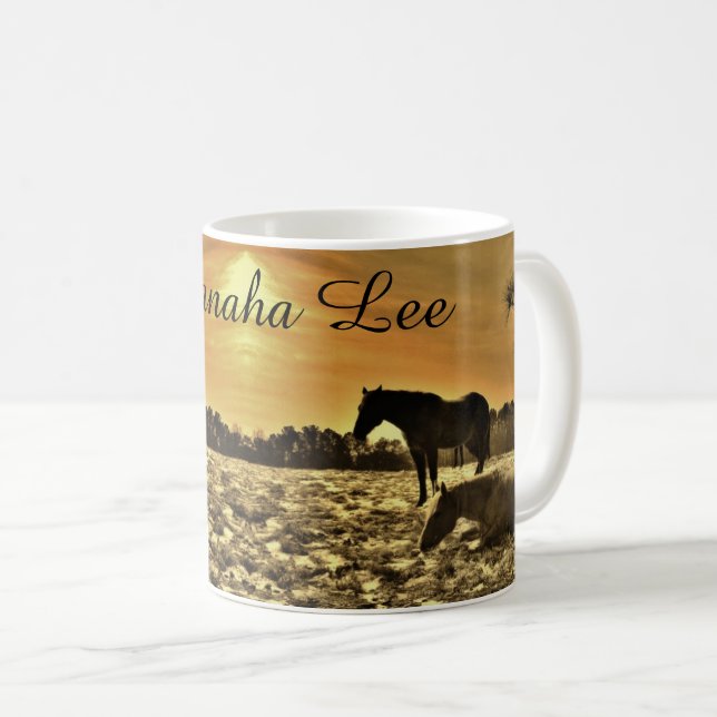 Horse Lovers Personalised with name Rustic Sunset Coffee Mug (Front Right)