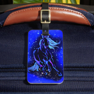 Horse Luggage Tag Running In Blue Moonlight Night