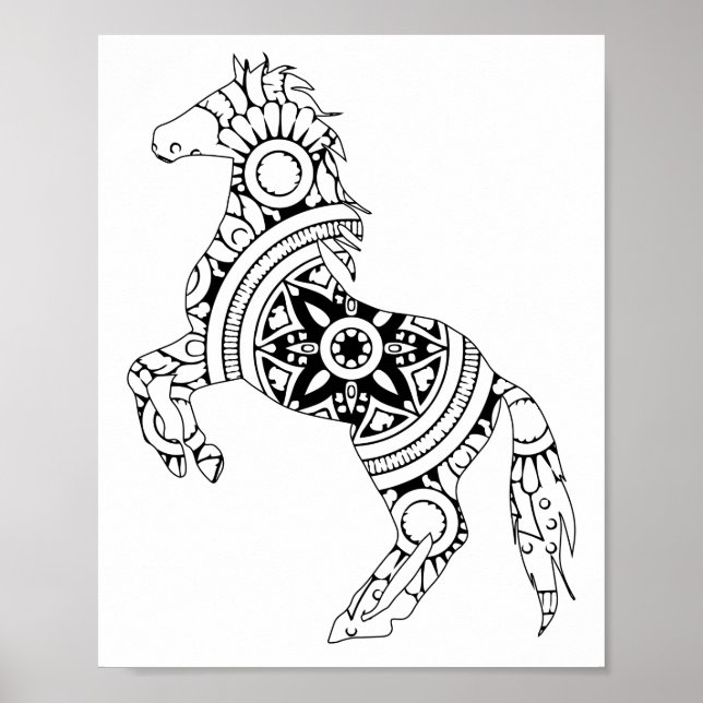 Horse Mandala Back and White Silhouette Drawing Poster (Front)