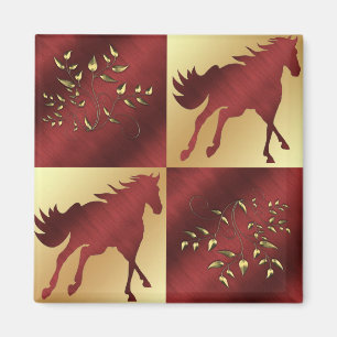 Horse Maroon and Gold With Gold Leaves Magnet