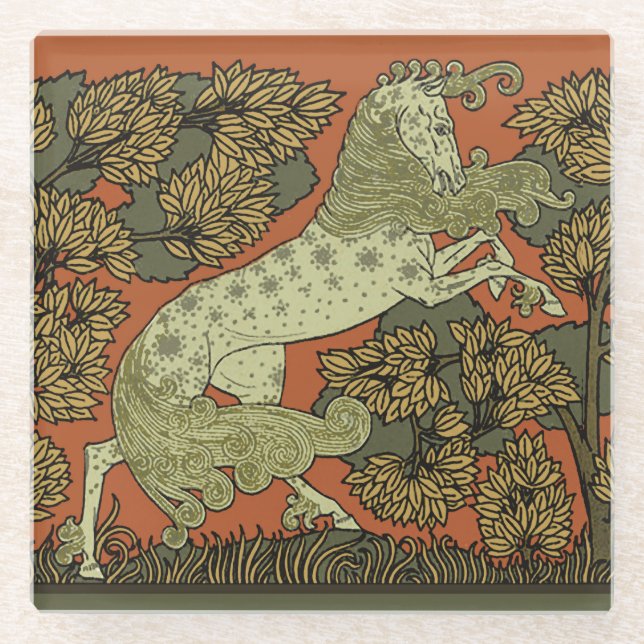 Horse Mediaeval Arts Crafts Art Nouveau  Glass Coaster (Front)