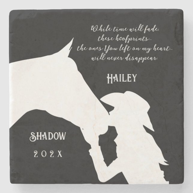 Horse memorial quote black hoofprints stone coaster (Front)