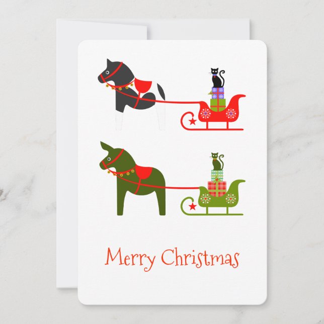 Horse Mule Cat Sleigh ride in green and red Holiday Card (Front)