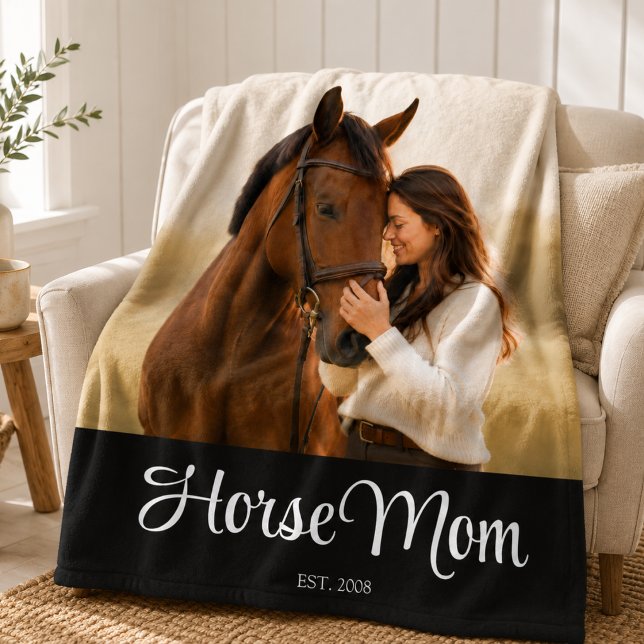 Horse Mum Established Black Modern Script Photo Fleece Blanket (Creator Uploaded)