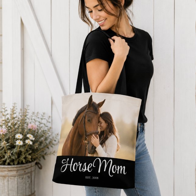 Horse Mum Established Script Black Photo Tote Bag (Creator Uploaded)