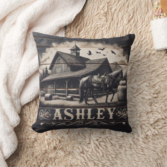 Horse Near Vintage Barn With Mountains Cushion (Blanket)