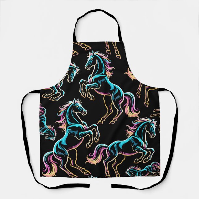 Horse Neon Light Glitch Retro Style Apron (Front)