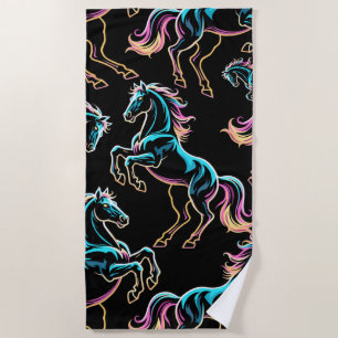 Horse Neon Light Glitch Retro Style Beach Towel