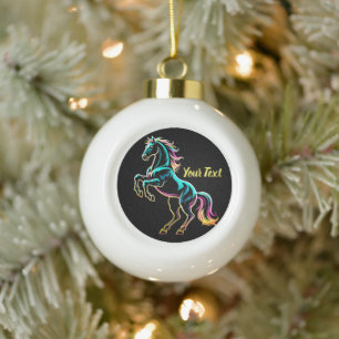 Horse Neon Light Glitch Retro Style Ceramic Ball Christmas Ornament