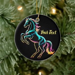 Horse Neon Light Glitch Retro Style Ceramic Tree Decoration