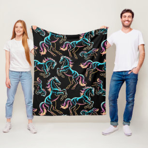 Horse Neon Light Glitch Retro Style Fleece Blanket