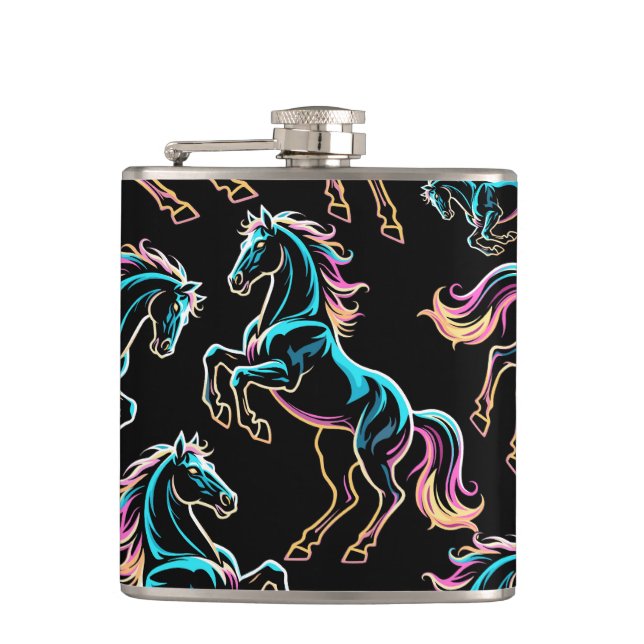 Horse Neon Light Glitch Retro Style Hip Flask (Front)