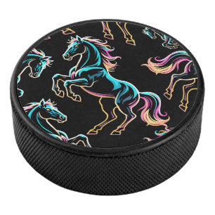 Horse Neon Light Glitch Retro Style Hockey Puck