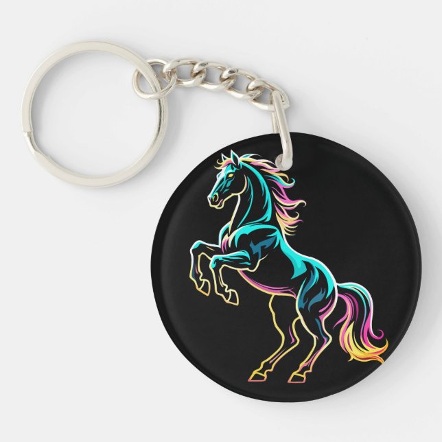 Horse Neon Light Glitch Retro Style Key Ring (Front)