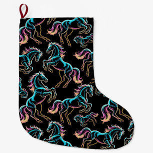Horse Neon Light Glitch Retro Style Large Christmas Stocking