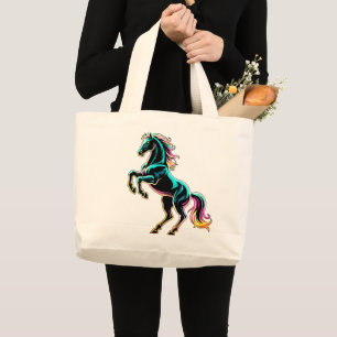 Horse Neon Light Glitch Retro Style Large Tote Bag