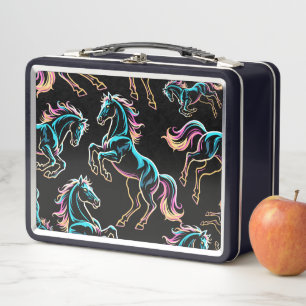 Horse Neon Light Glitch Retro Style Metal Lunch Box