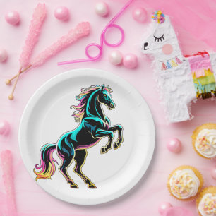 Horse Neon Light Glitch Retro Style Paper Plate